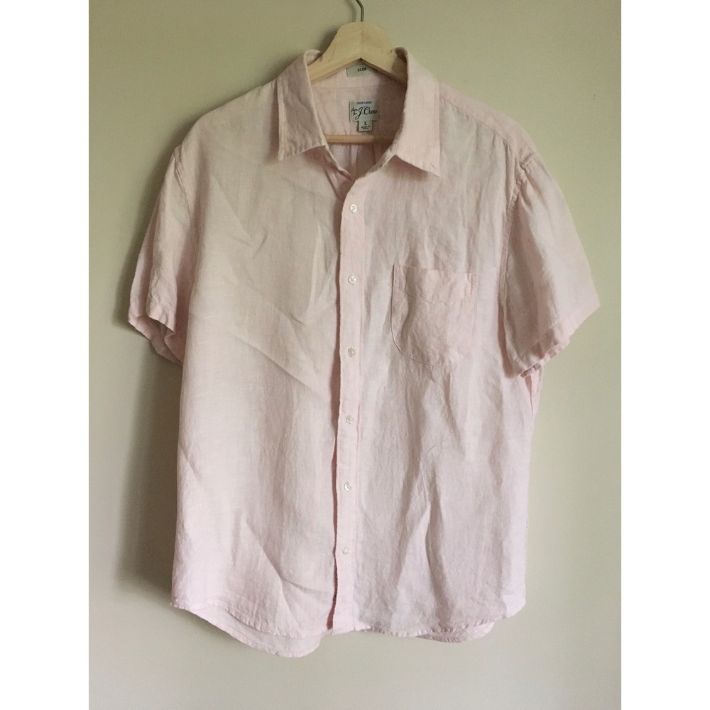 J. Crew Mens Slim Fit Irish Linen Short Sleeve Button Down Shirt Light Pink L